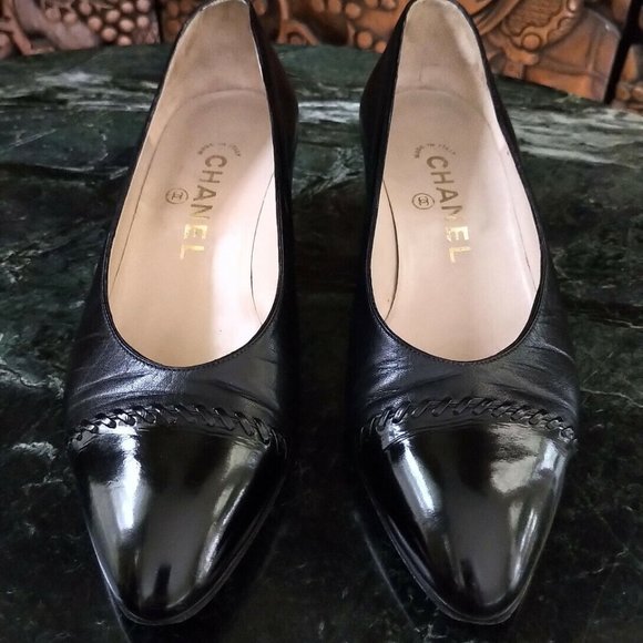 Chanel Classic Patent Leather Cap Toe Heels Pumps 36/ 6 - Picture 3 of 12